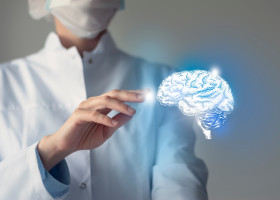 Female,Doctor,Touches,Virtual,Brain,In,Hand.,Blurred,Photo,,Handrawn