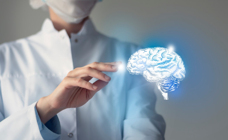 Female,Doctor,Touches,Virtual,Brain,In,Hand.,Blurred,Photo,,Handrawn