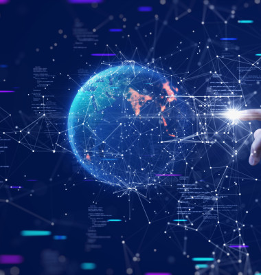 Digital,Cyber,Era,Technology,Concept.,Human,Hand,Touching,Interconnected,Polygons