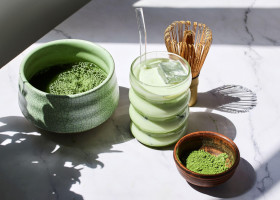 Iced Matcha Refreshment. Refreshing iced matcha drinks with a bamboo whisk and matcha powder