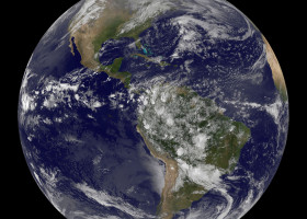 The planet Earth is seen in a photo taken by NOAA&apos;s GOES-East satellite on Earth Day