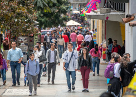 Busy street of people enjoying a day out , Bogotá , Colombia