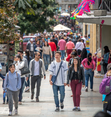 Busy street of people enjoying a day out , Bogotá , Colombia