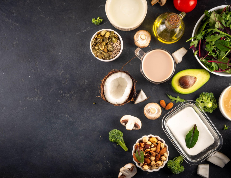 Plant based keto food background with, low carb vegan keto diet ingredients, healthy vegetarian fat and protein source. Assortment green vegetables, n