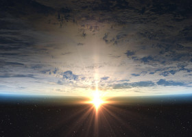 Earth, Sun and outer space. Planet earth with sunrise in the space. Elements of this image furnished by NASA.