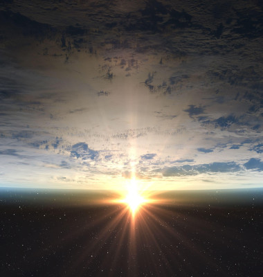 Earth, Sun and outer space. Planet earth with sunrise in the space. Elements of this image furnished by NASA.