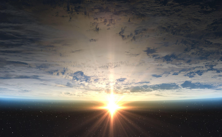 Earth, Sun and outer space. Planet earth with sunrise in the space. Elements of this image furnished by NASA.