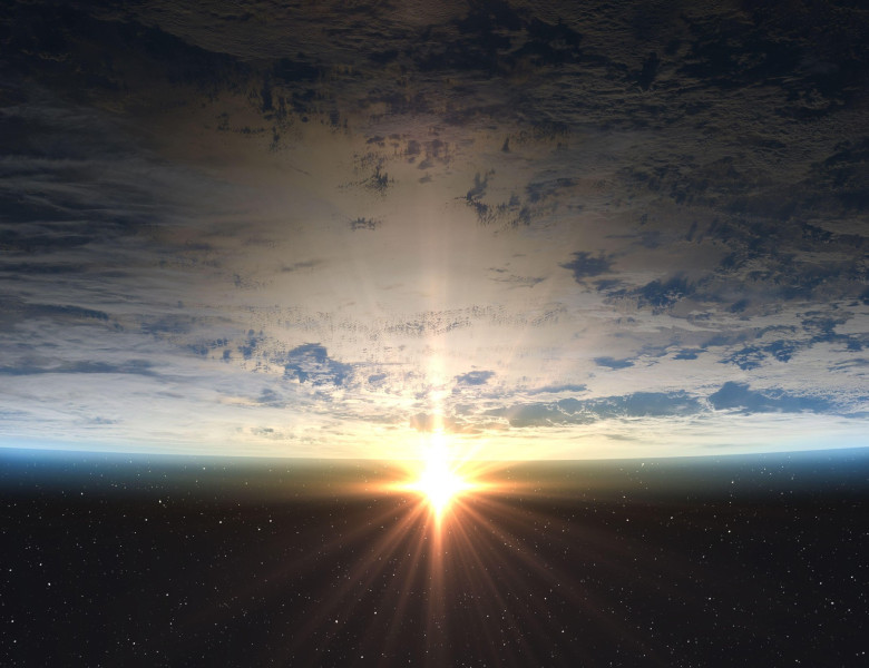 Earth, Sun and outer space. Planet earth with sunrise in the space. Elements of this image furnished by NASA.