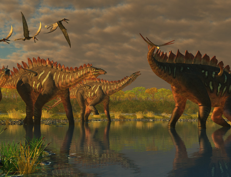 dinozaur sauropod cu spini in apa si reptile zburatoare