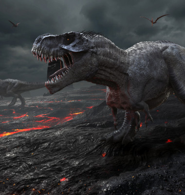 disparitie dinozauri t-rex pe un munte de lava