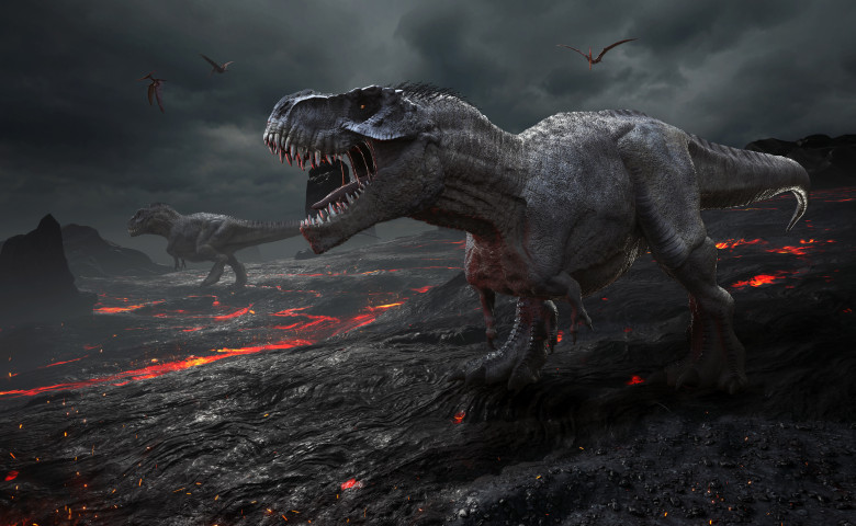 disparitie dinozauri t-rex pe un munte de lava