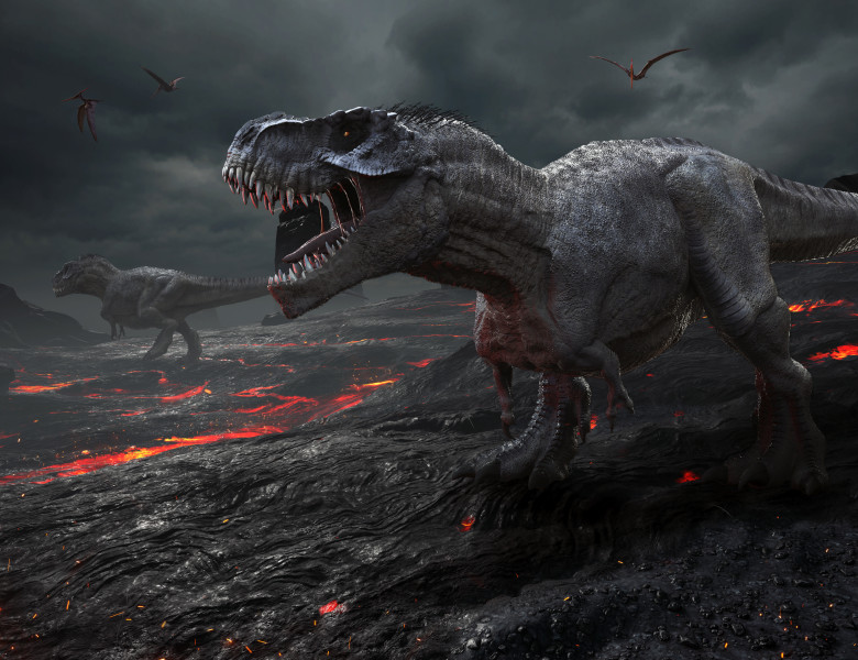 disparitie dinozauri t-rex pe un munte de lava