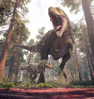 dinozaur t rex intr-o padure