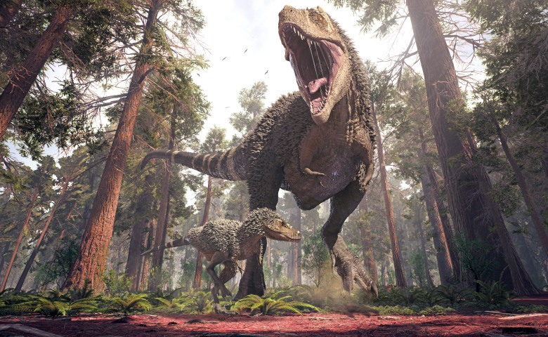 dinozaur t rex intr-o padure