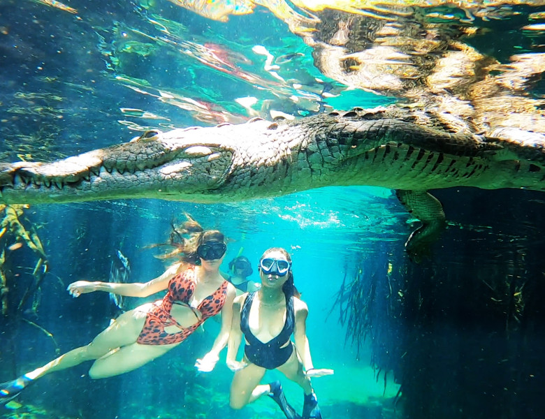 Momentul în care un crocodil uriaș se apropie de două modele în timpul unei ședințe foto/ Profimedia