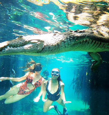 Momentul în care un crocodil uriaș se apropie de două modele în timpul unei ședințe foto/ Profimedia