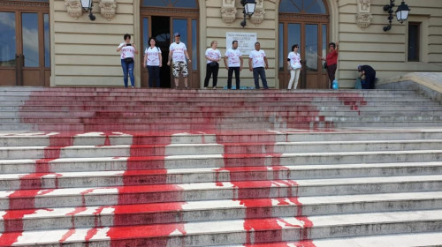 Protest cu vopsea roșie la Universitatea Iași