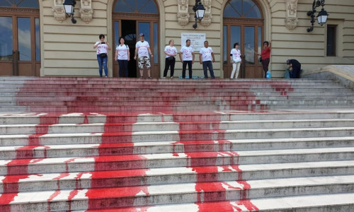Protest cu vopsea roșie la Universitatea Iași