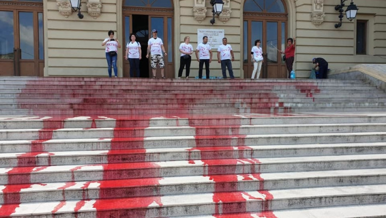 Protest cu vopsea roșie la Universitatea Iași