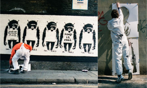 Bansky lucrând la tablouri