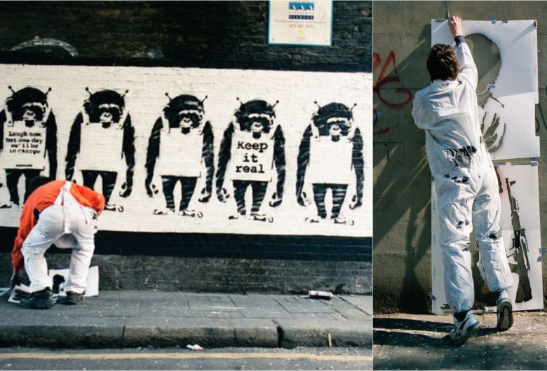 Bansky lucrând la tablouri