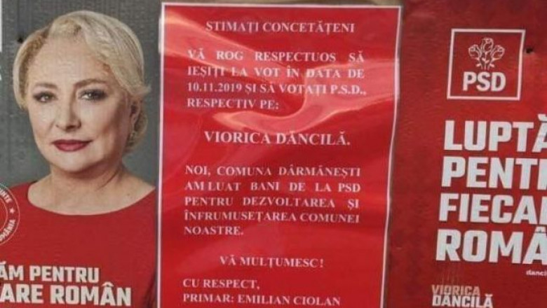 Afiș cu Viorica Dăncilă, în Dârmănești