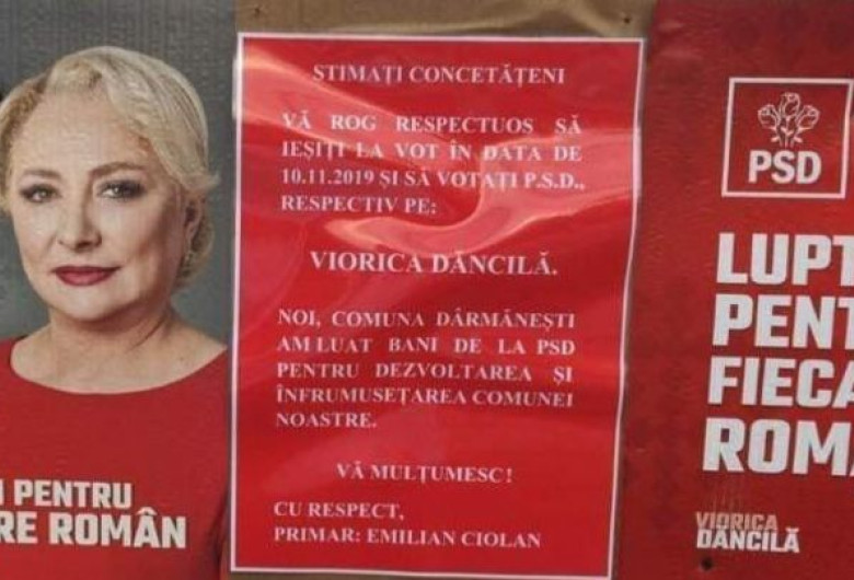Afiș cu Viorica Dăncilă, în Dârmănești