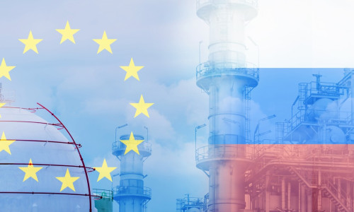 The Russia–EU gas dispute and European dependence on Russian energy concept. LNG or liquefied natural gas storage tank. EU liquefied natural gas imports from Russia for winter. Geopolitical weapon.
