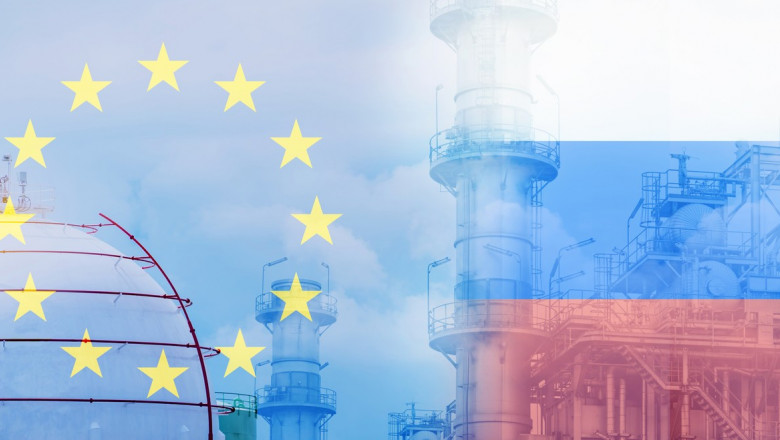 The Russia–EU gas dispute and European dependence on Russian energy concept. LNG or liquefied natural gas storage tank. EU liquefied natural gas imports from Russia for winter. Geopolitical weapon.