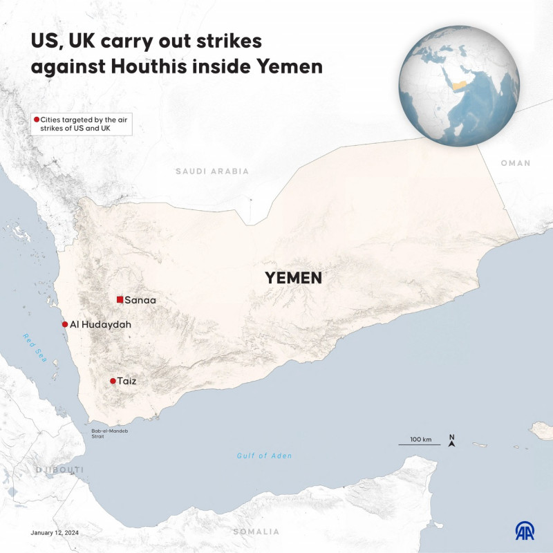 ANKARA, TURKIYE - JANUARY 12: An infographic titled 'US, UK carry out strikes against Houthis inside Yemen' created in Ankara, Turkiye on January 12, 2024. Yasin Demirci / Anadolu,Image: 836275117, License: Rights-managed, Restrictions: , Model Release: no
