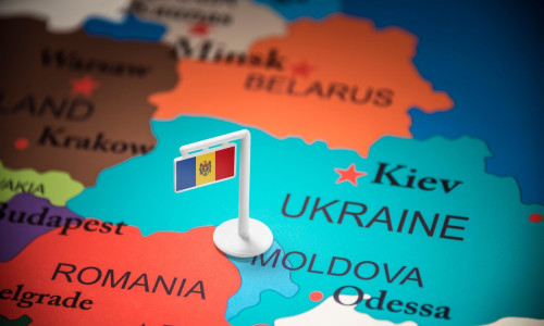 Moldova marked with a flag on the map