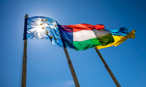 Flags,Of,Hungary,Ukraine,And,European,Union,Waving,On,Pole