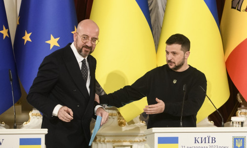 Ukraine's President Volodymyr Zelenskiy, Moldova's President Maia Sandu And President Of The European Council Charles Michel Attend A Joint Press Conference In Kyiv
