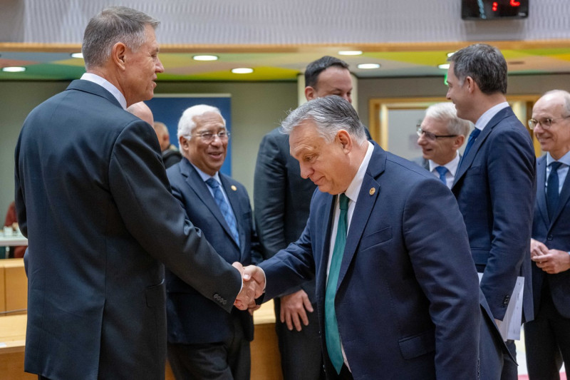 BRUSSELS - Prime Minister of Hungary Viktor Orban greets President of Romania Klaus Werner Iohannis at the round table at a scheduled EU summit on the new budget. Discussions include billions in support for Ukraine, which the leaders did not agree on during the previous summit. ANP JONAS ROOSENS netherlands out - belgium out,Image: 842408675, License: Rights-managed, Restrictions: , Model Release: no