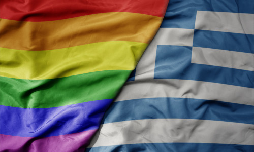 Big,Waving,Realistic,National,Colorful,Flag,Of,Greece,And,Rainbow