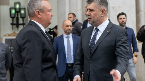 Ciuca and Ciolacu, Romanian governing coalition leaders, Bucharest, Romania