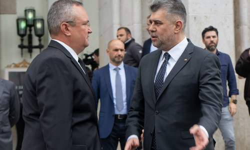 Ciuca and Ciolacu, Romanian governing coalition leaders, Bucharest, Romania