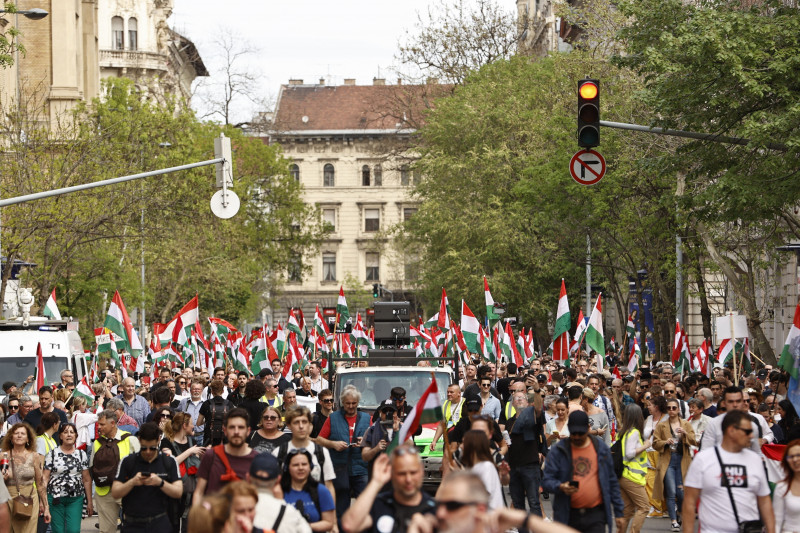 BUDAPEST, HUNGARY - APRIL 6: Thousands of people gather for a rally organized by Hungarian opposition figure Peter Magyar, a Hungarian lawyer, former government insider, and ex-husband of former Justice Minister Varga, to protest against the government in downtown Budapest, Hungary on April 06, 2024. Arpad Kurucz / Anadolu/ABACAPRESS.COM,Image: 862917988, License: Rights-managed, Restrictions: , Model Release: no