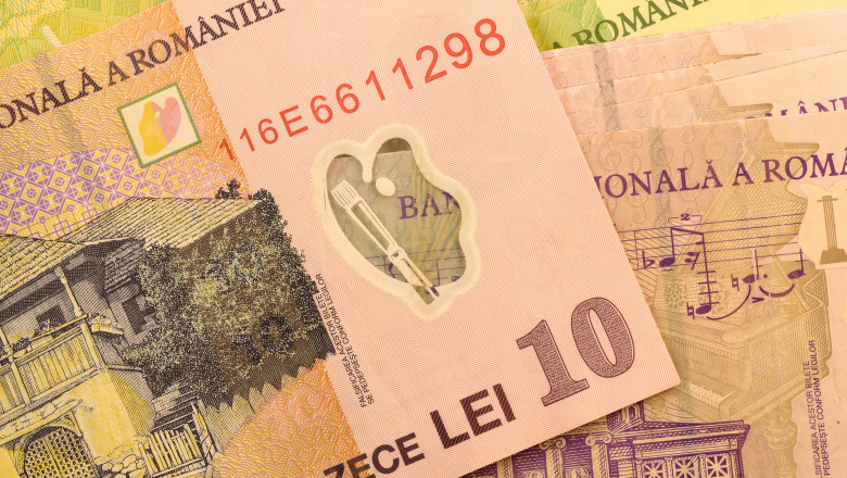 Close,Up,Romanian,Currency,Note,,Lei,Or,Leu,,Romania