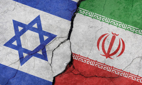 Israel,And,Iran,Flags,,Concrete,Wall,Texture,With,Cracks,,Grunge