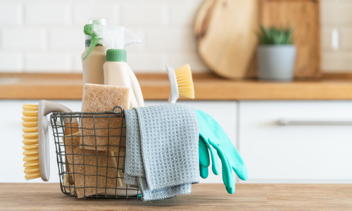 Basket,With,Brushes,,Rags,,Natural,Sponges,And,Cleaning,Products.,Modern