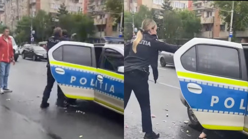 Momentul când o polițistă din Cluj îi dă cu spray lacrimogen în față colegului său/ Foto: Captură video Youtube