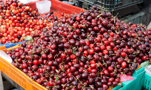 Fresh cherries in box at a farmers market