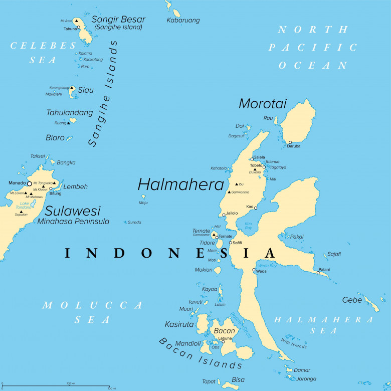 Halmahera, island in Indonesia, political map. Largest island of the Moluccas, or also Maluku Islands, and part of the North Maluku province.