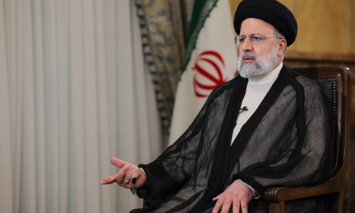 Iranian president Ebrahim Raisi during a live TV interview in Tehran