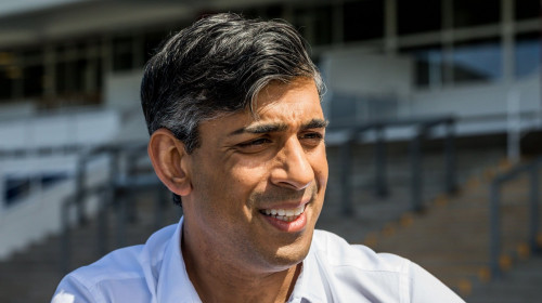 Rishi Sunak at the launch of the Conservative Party tour bus for the 2024 general election campaign at Redcar racecourse, Redcar, North Yorkshire, UK. 1/6/2024. Photograph: Stuart Boulton