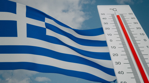 Heat,Wave,In,Greece,,Thermometer,In,Front,Of,Flag,Greece