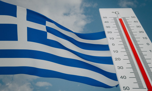 Heat,Wave,In,Greece,,Thermometer,In,Front,Of,Flag,Greece