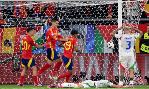 20.06.2024, xjrdrx, Fussball EM 2024, Spanien - Italien emspor, v.l. Torjubel nach dem Tor zum celebrating the goal cele