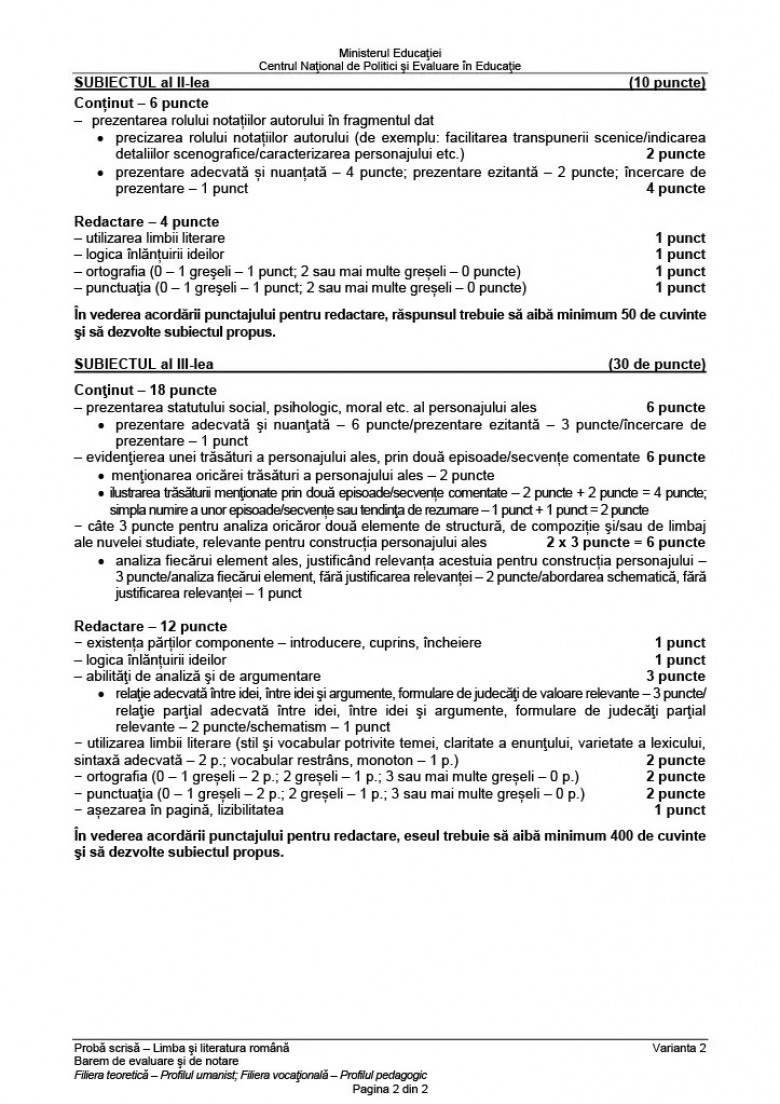 Barem de evaluare Limba română - profil uman (2)